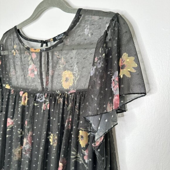 WILLOW Young Contemporary Black Floral Print Mesh Top Size 1X - Picture 3 of 7